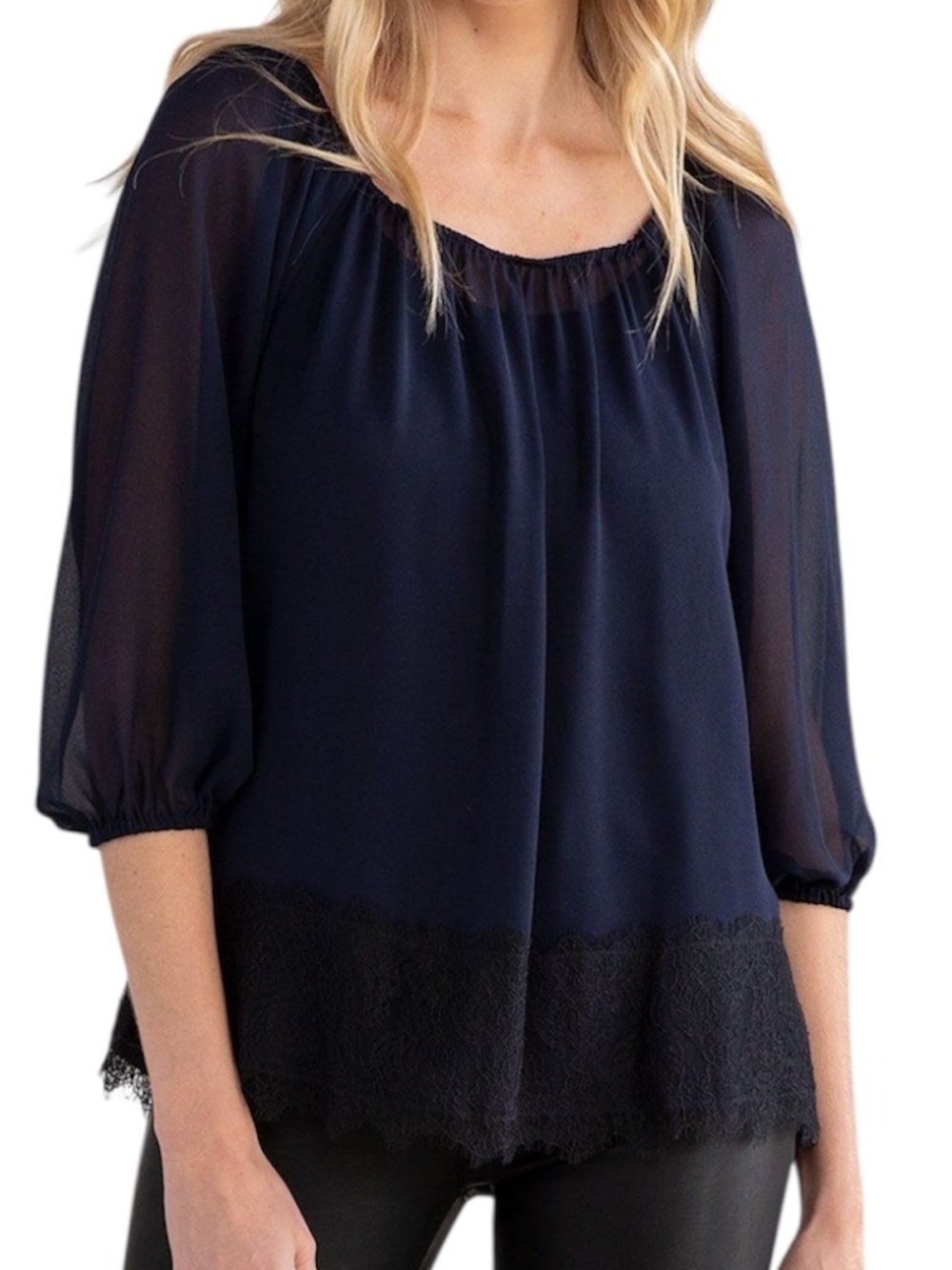lovestitch Gather Lace Sheer Boho Blouse - Navy Blue & Black Size S